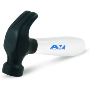 A stress hammer in black and white, featuring a logo on the handle, designed for fun and relaxation.