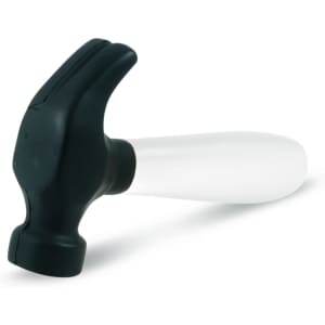 A stress-relief toy designed like a hammer, featuring a black head and a translucent white handle.