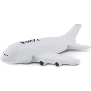 A stress toy shaped like a white airplane, featuring a logo on its side.