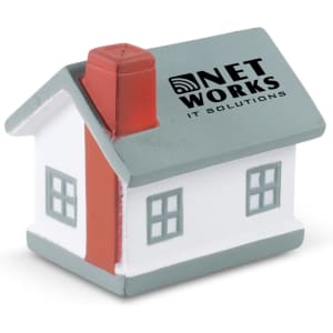 A stress reliever shaped like a house, featuring a grey roof, white walls, and a red chimney. Includes a logo.