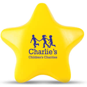 A yellow star-shaped stress ball featuring a logo. It is soft and squeezable, designed for fun and relaxation.