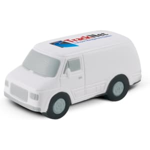 A white stress van toy with black wheels and a logo on the side, designed for stress relief and fun.
