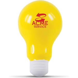 A yellow stress light bulb with a white base, featuring a logo on its surface.
