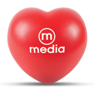 A red stress heart with a logo on one side, designed for fun and relaxation purposes.