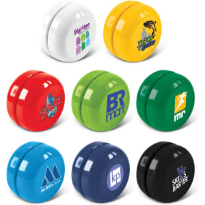 Eight colourful yoyos in various shades, featuring different logos and designs, arranged in two rows.