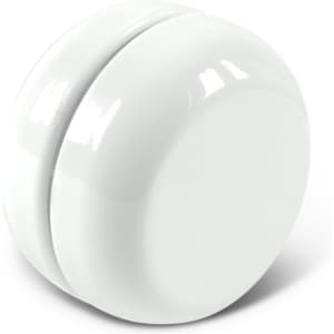 A white yoyo with a glossy finish and a simple round shape, featuring a logo on one side.