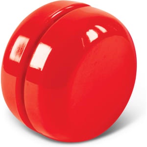 A red yoyo with a shiny finish, designed for entertainment and play.