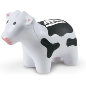A small, white and black stress cow with a smiling face and a branding logo on its side.
