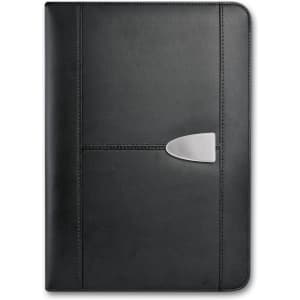 A large black leather portfolio featuring a silver clip closure and a sleek design, ideal for office and business use.