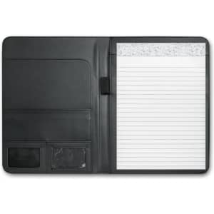 A large black leather portfolio featuring a notepad, card holder, and a pocket for documents.