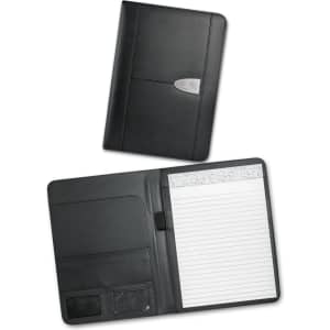 A large black leather portfolio featuring an interior notepad, card pocket, and branding.