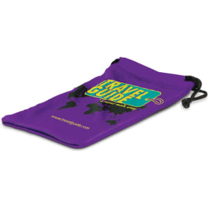 A purple microfibre pouch with a drawstring closure and a logo displayed on the front.