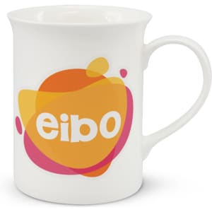 A white bone china coffee mug featuring a colourful design with orange and pink shapes and a logo.