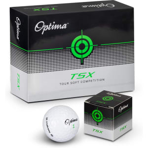 A golf ball and packaging for the PGF Optima TSX Tour Soft Competition, featuring a white ball and black box with green accents.