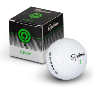 A white PGF Optima golf ball resting next to its black and green patterned box featuring a logo.