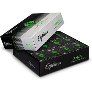 A stack of two boxes containing PGF Optima TSX golf balls, featuring a black and green colour scheme.