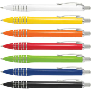 A collection of metal pens in white, yellow, orange, red, green, blue, and black with silver accents and a logo.