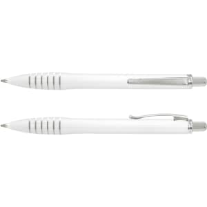 A plastic pen in white with silver accents and a clip, featuring a sleek, modern design.