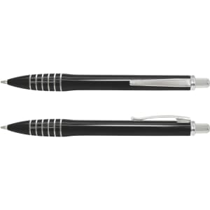 A black plastic pen with silver accents and a clip, featuring striped detailing on the barrel.