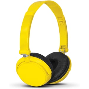 Yellow headphones with a black cushioned ear section and an adjustable headband, featuring a logo on the side.