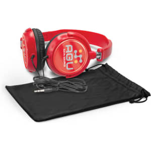 A pair of red Pulsar Headphones with a branded logo, accompanied by a black drawstring storage pouch and an audio cable.