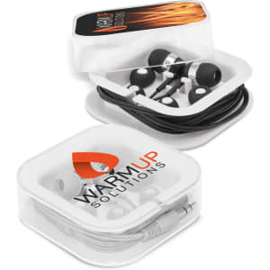 A set of black earbuds with a white case, featuring a logo on the front and neatly coiled cable inside.