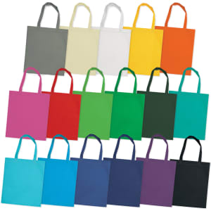 A collection of tote bags in various colours, including grey, white, yellow, orange, pink, green, blue, purple, and black. Each has handles and a logo.