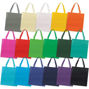 A variety of tote bags in different colours, including grey, yellow, orange, pink, green, and blue, each with handles.