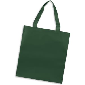 A green tote bag with two handles and a simple design, featuring a logo on one side.