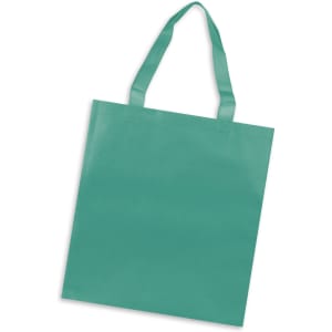 A turquoise tote bag with two flat handles and a simple design. Features a logo on one side.