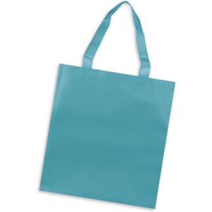 A teal tote bag with two handles and a simple, unembellished design. It features a logo on one side.