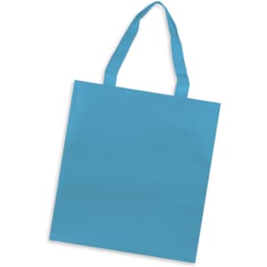 A blue tote bag with two sturdy handles and a simple design, featuring a logo.