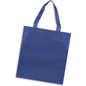 A blue tote bag with two sturdy handles and a simple design. It features a logo.