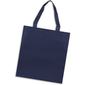 A navy tote bag with two shoulder straps and a plain design, featuring a logo on one side.