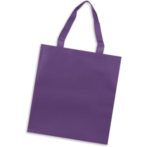 A purple tote bag with two sturdy handles and a simple design. It features a branding logo.