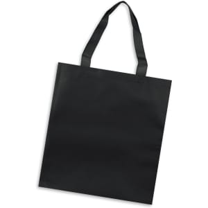 A black tote bag with two sturdy handles and a minimalist design. Features a logo on the front.