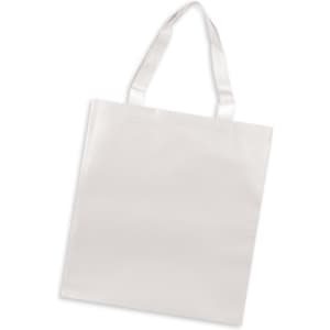 A plain white tote bag with sturdy handles and a simple design, featuring a branding logo.