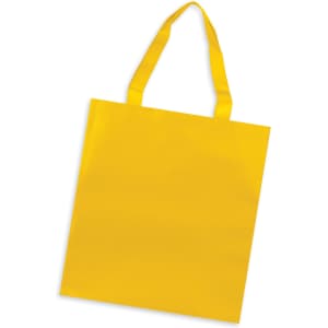 A yellow tote bag with two handles. The bag has a plain design and features a logo.