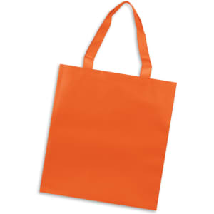 An orange tote bag with two handles and a simple, solid design. It features a logo on one side.