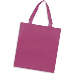 A pink tote bag with two sturdy handles and a smooth surface, featuring a logo.