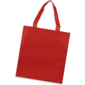 A red tote bag with sturdy handles and a simple design, featuring a logo on one side.