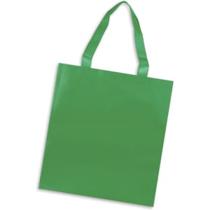 A green tote bag with two handles and a smooth surface, featuring a simple design and a logo.