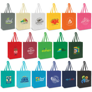 A collection of tote bags in various colours, featuring different logos and designs.