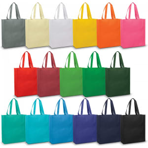 A variety of tote bags in multiple colours, including grey, white, yellow, orange, pink, red, green, blue, and black, with handles.