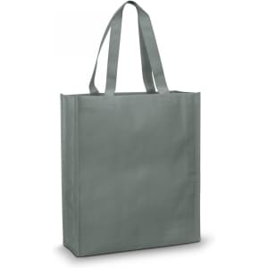 A grey tote bag with long handles and a simple design, featuring a logo on one side.