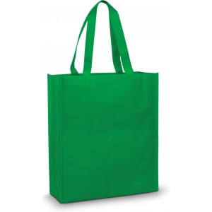 A green tote bag with two handles and a plain design, featuring a branding logo.