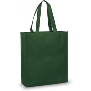 A green tote bag with sturdy handles and a simple design. It features a branding logo.