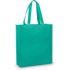 A teal tote bag with two handles, featuring a simple design and a branding logo.
