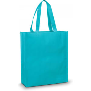 A turquoise tote bag with long handles and a simple design, featuring a logo on one side.