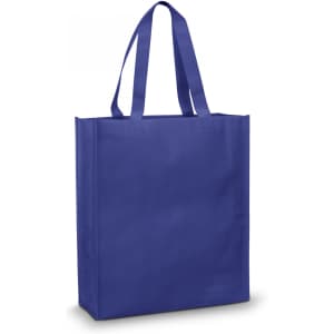 A blue tote bag with long handles and a simple design, featuring a logo on one side.